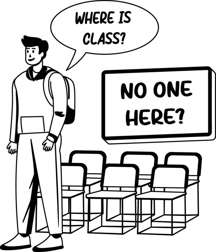 A glyph illustration of a character standing in an empty classroom vector