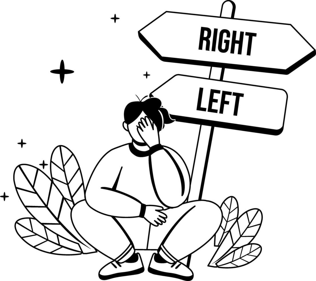 A glyph illustration of a confused character sitting near directional board vector