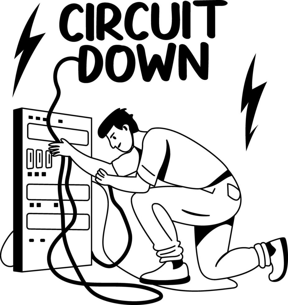 A glyph illustration of a character repairing short circuit vector