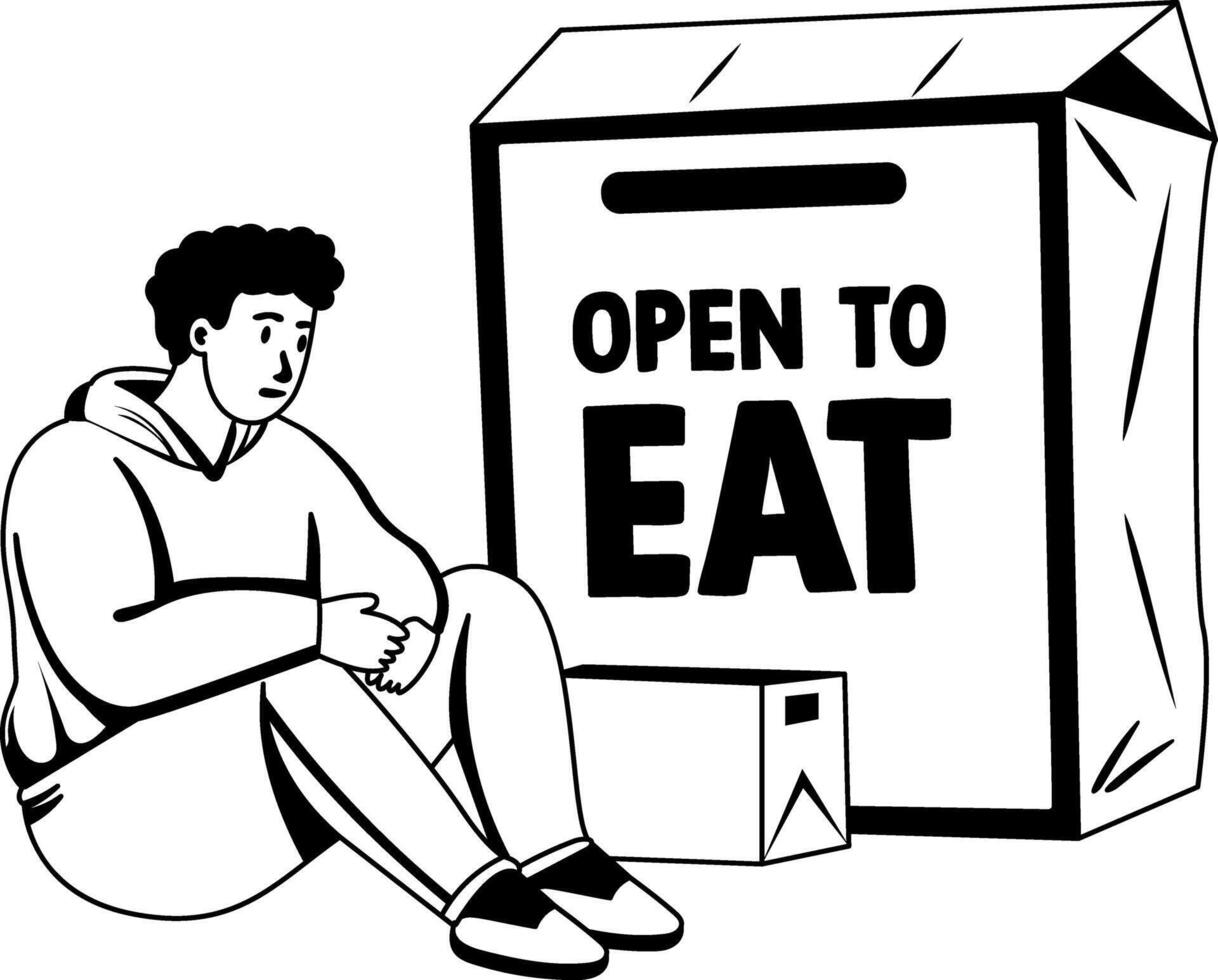 A glyph illustration of a hungry character with a box written open to eat vector