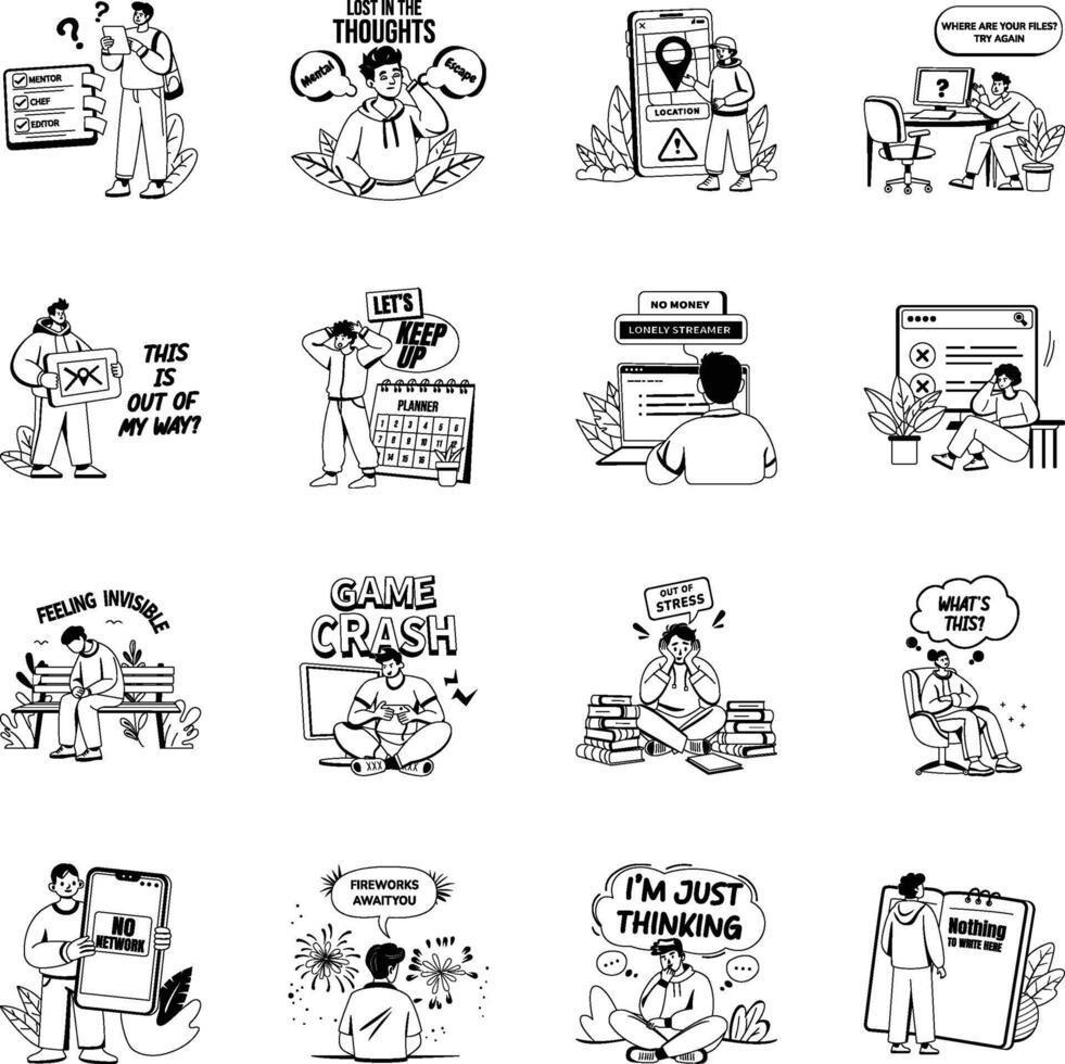Set of Glyph Style Sad And Emptiness Feeling Illustrations vector