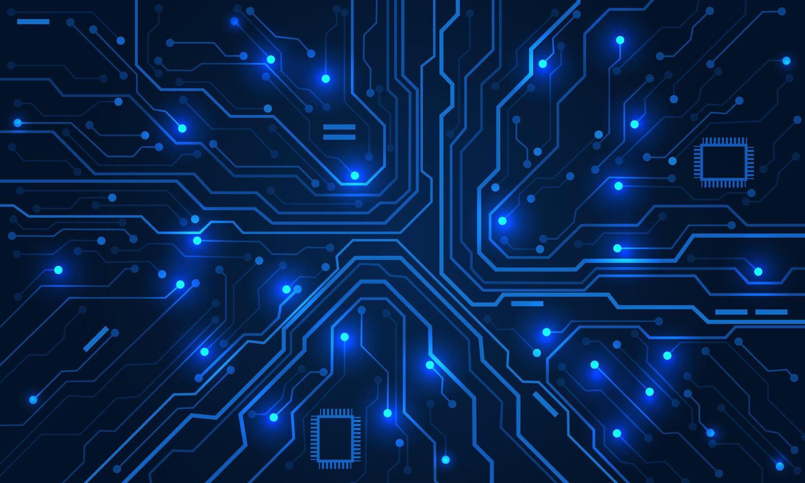 Abstract circuit board technology connected blue lines with electronics elements computer motherboard chip processor semiconductor digital background vector