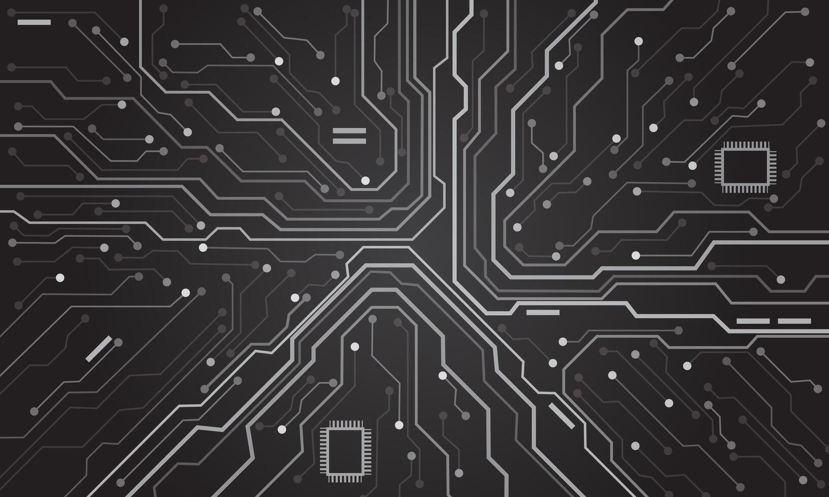 Abstract grey tone circuit board technology connected lines with electronics elements computer motherboard chip processor semiconductor digital background vector