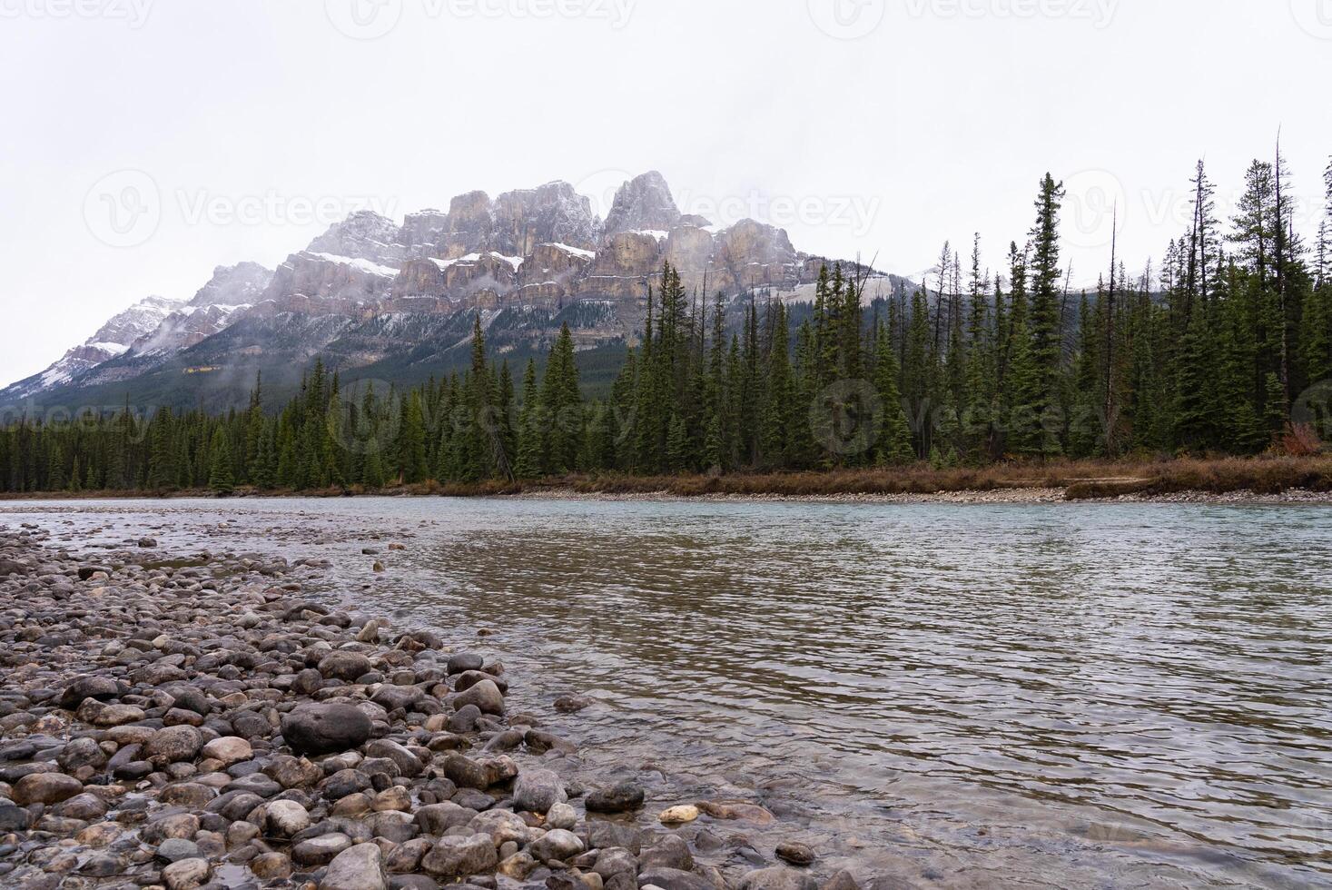 Landscape of River, Pine Forest and Snow Mountains at Daytime, Canada photo