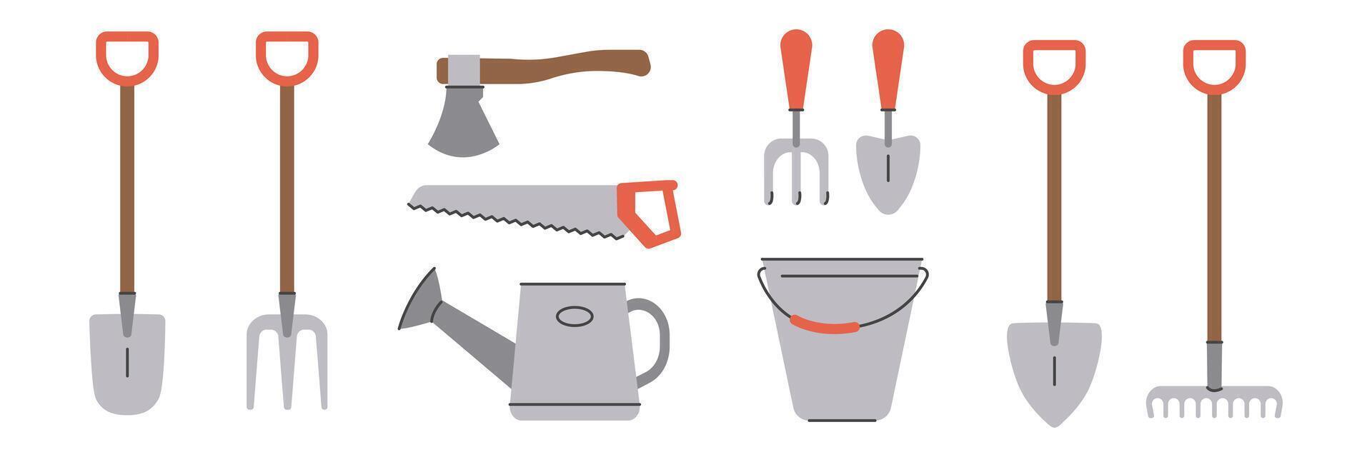 Garden tools items. Spring farming work. Set of flat llustrations vector