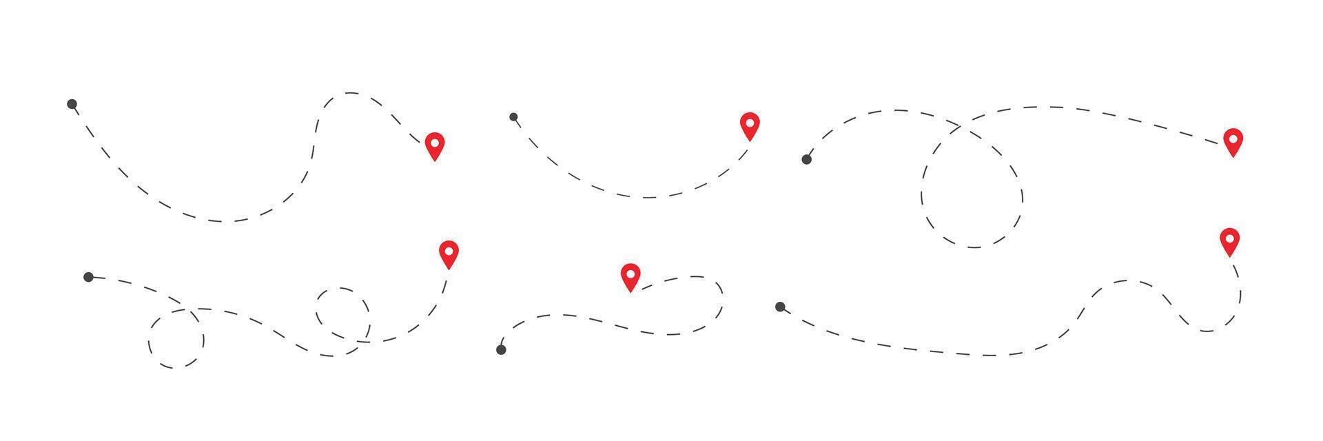 Set of routes in dashed line trace. Travel Location. Map pins on white background vector
