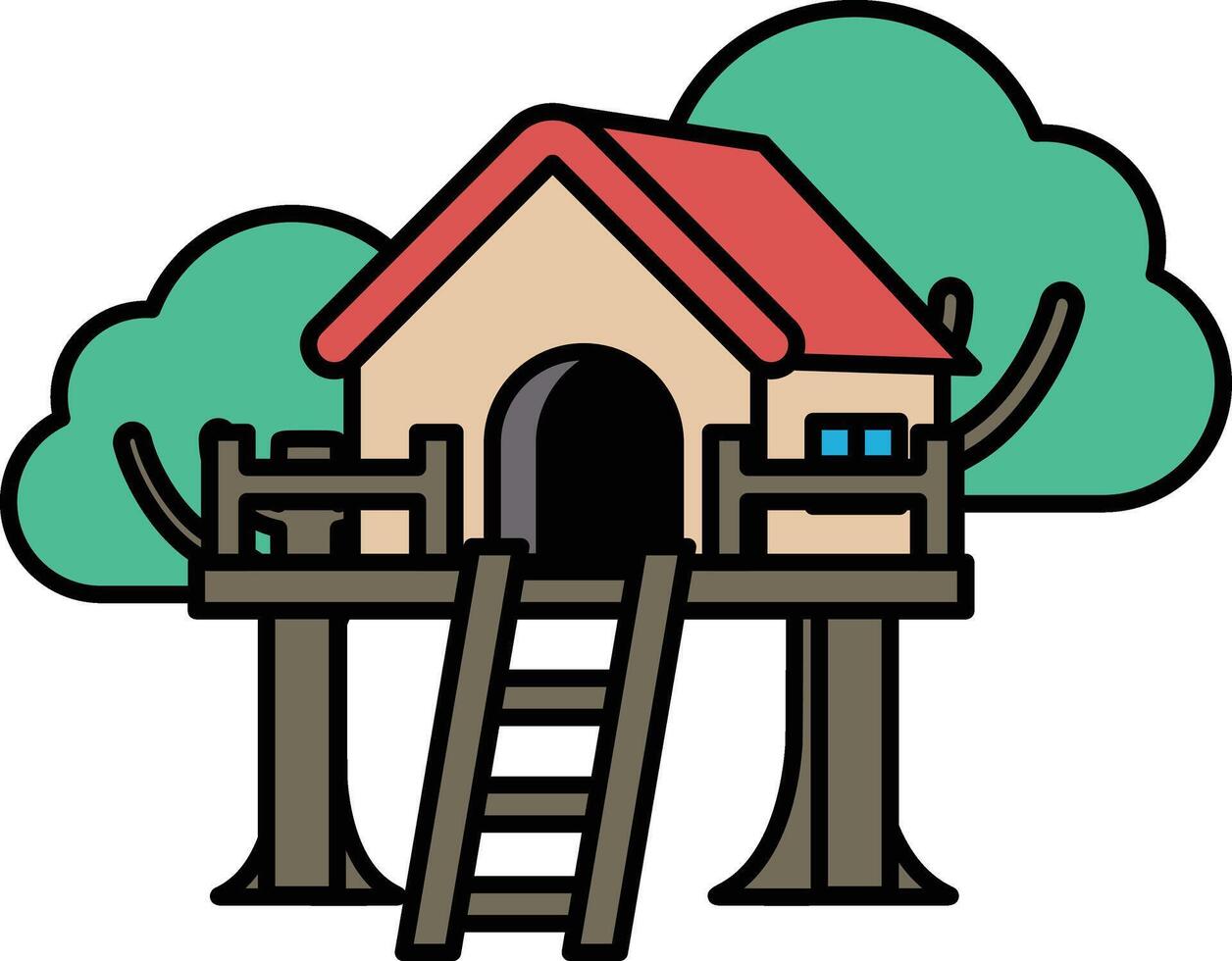 small house with a red roof and a ladder leading up to it vector