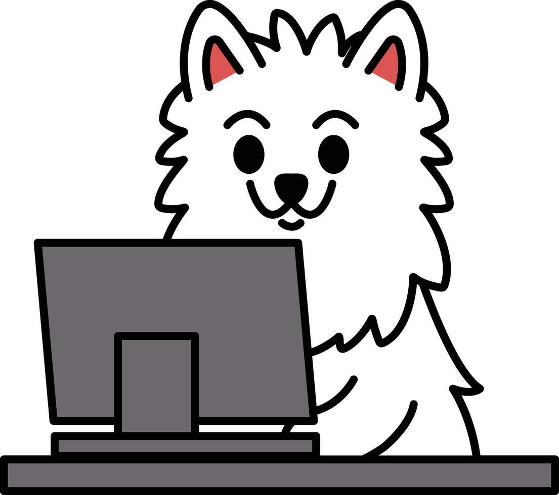 A white dog is sitting in front of a computer monitor vector