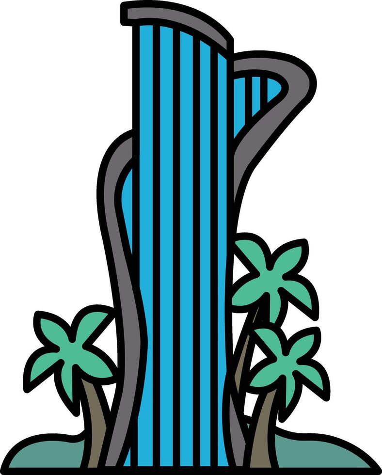 tall building with a blue waterfall and palm trees in front of it vector