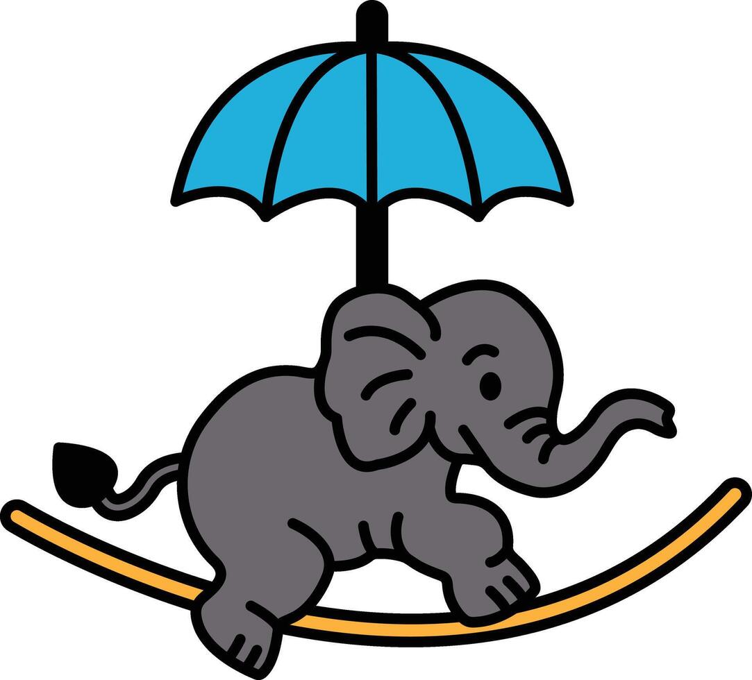 A cartoon elephant is riding a wooden board with a blue umbrella on top vector