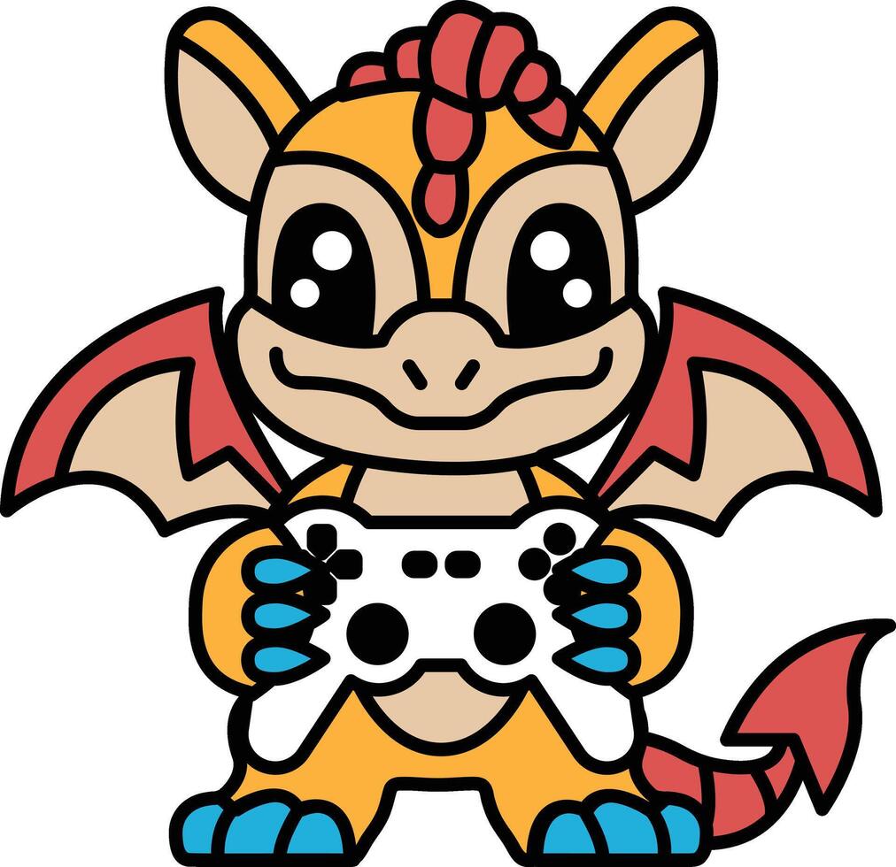 A cartoon dragon holding a game controller vector