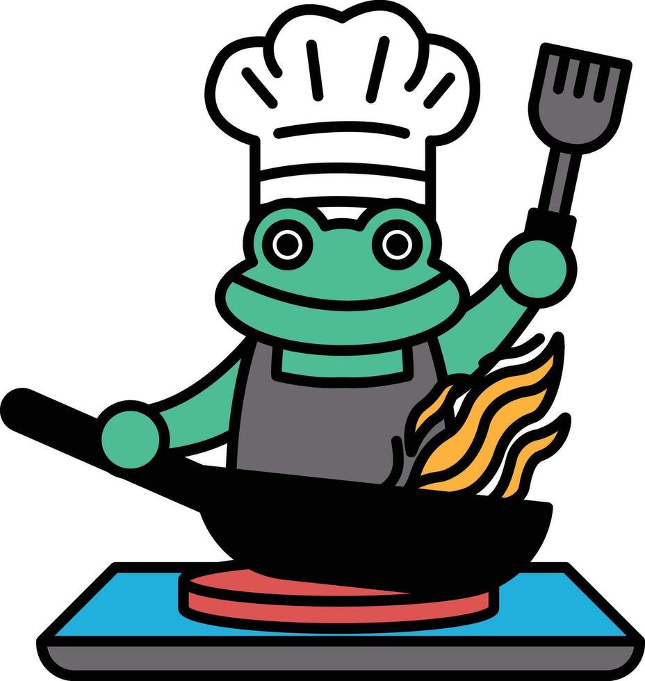 A frog chef is cooking food in a pan vector