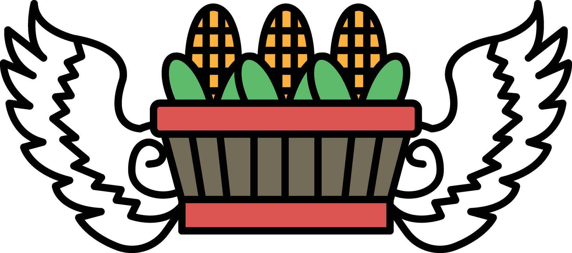 A drawing of three corn cobs and a basket of green vegetables vector