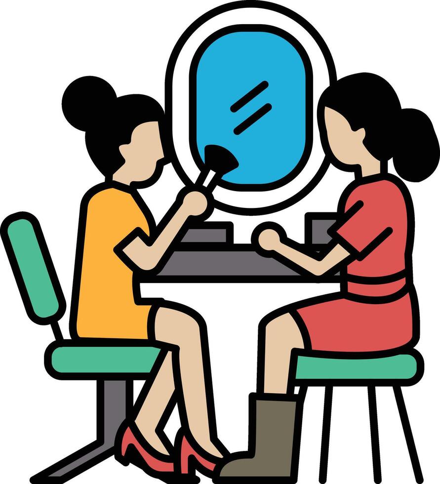 women are sitting at a vanity table, one of them is applying makeup vector