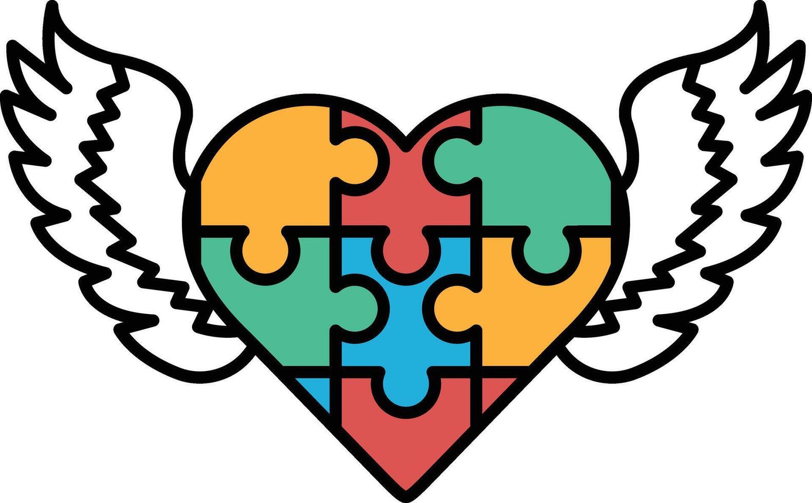 A colorful puzzle heart with wings vector