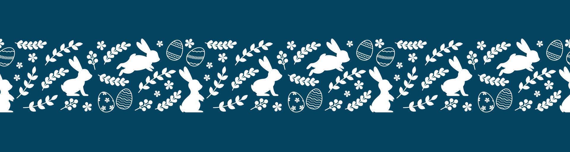 Cute Easter horizontal seamless pattern with eggs, bunnies, flowers. Easter festive border. Suitable for textiles, banners, wallpaper, wrapping paper. illustration vector