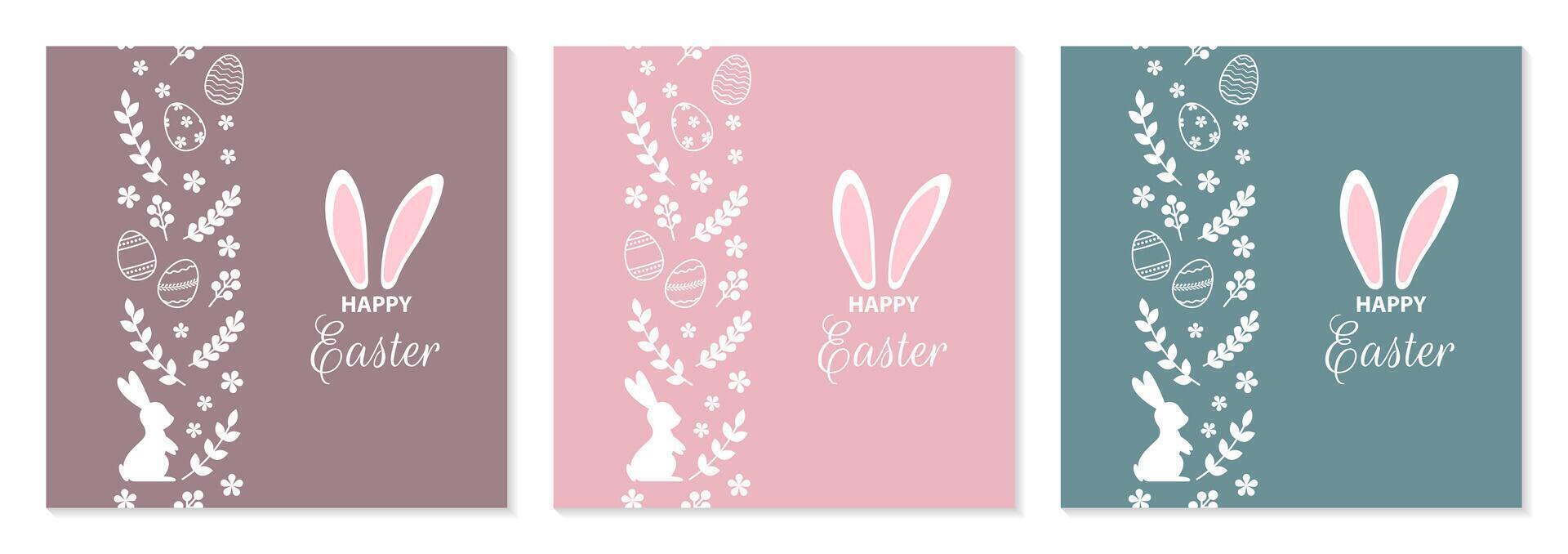 Set of Happy Easter greeting cards with bunny, Easter eggs and floral decorative elements. Collection of modern Easter covers. illustration vector