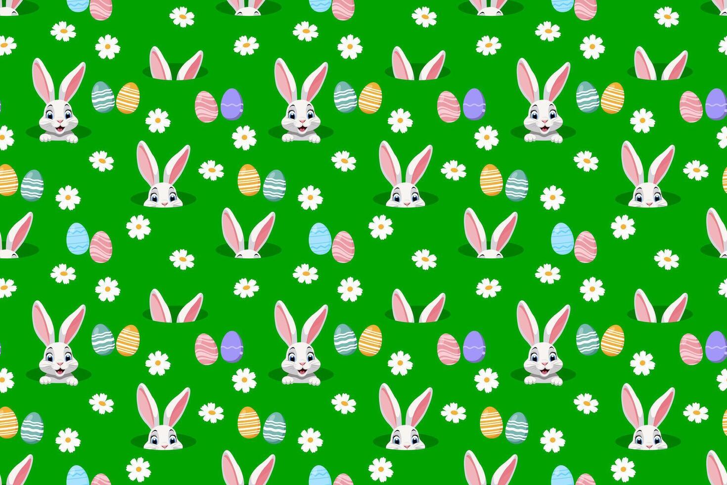 Seamless pattern with bunny, Easter eggs and daisy flowers. Cute cartoon character. illustration vector