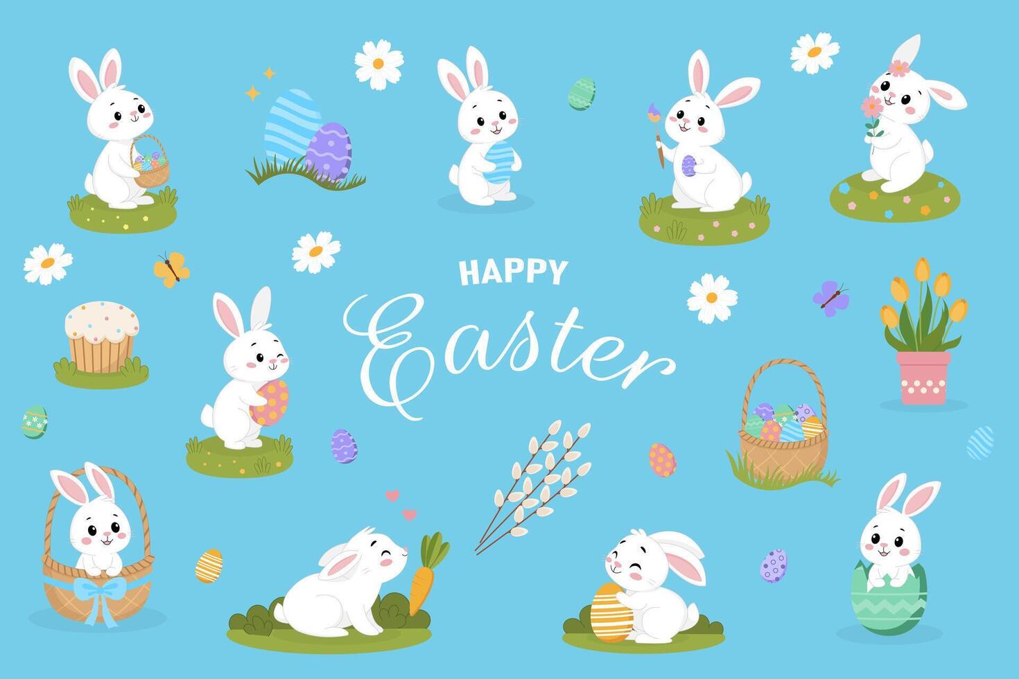 Set of cute Easter cartoon characters and design elements. Easter bunny, eggs and flowers. illustration vector