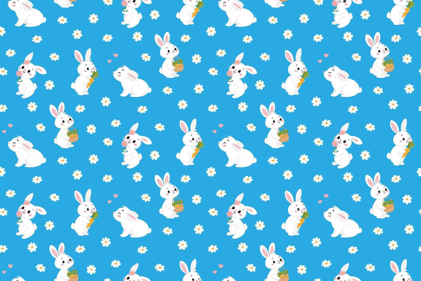 Seamless pattern with Rabbits, carrot and daisy flowers on blue background. illustration vector