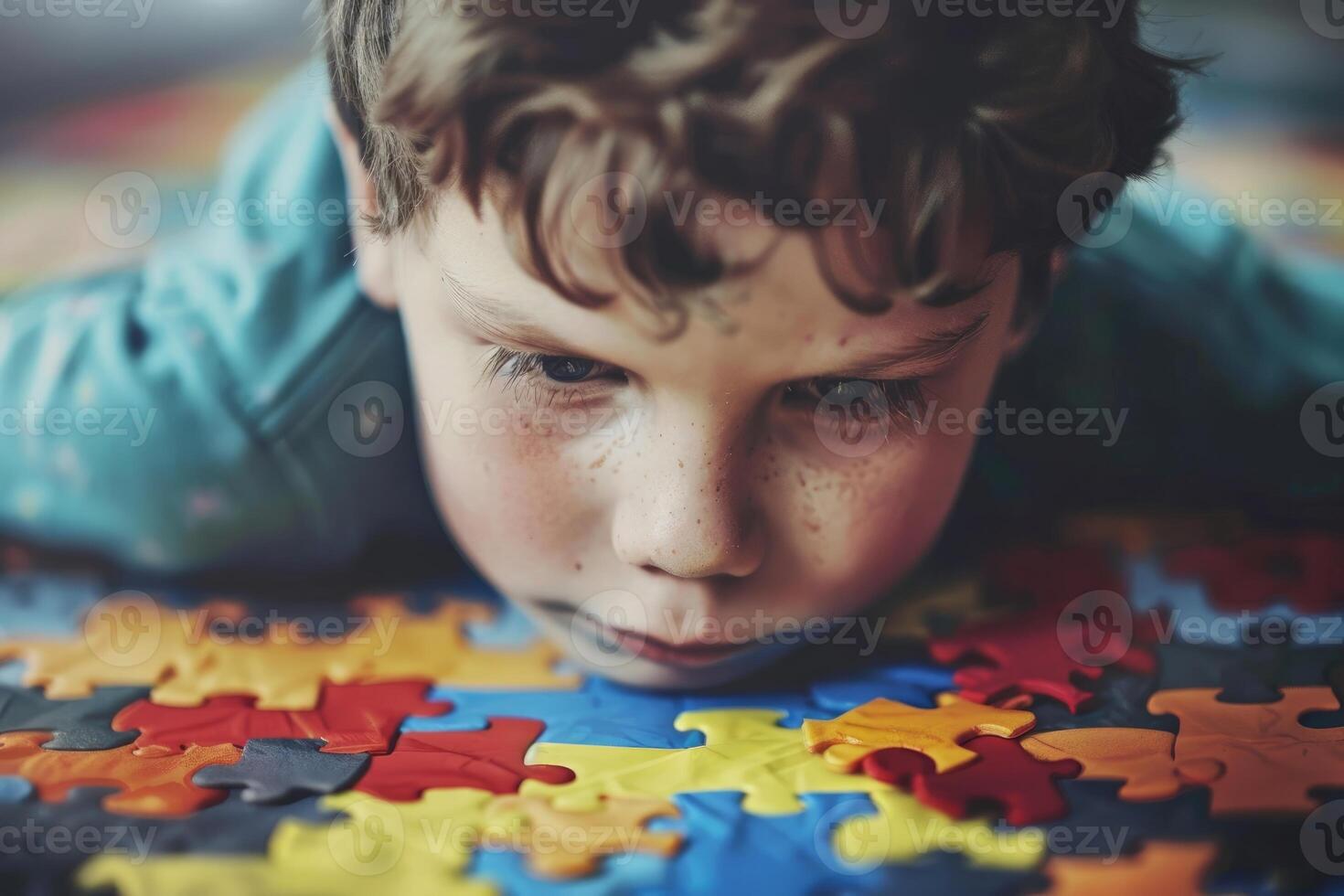 Child boy with autistic disorder on puzzle background photo