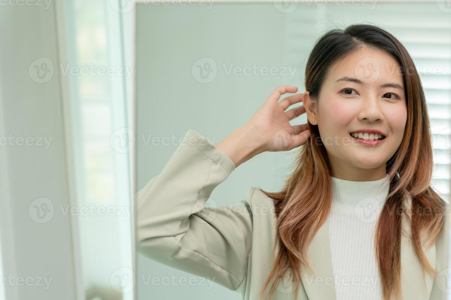 woman preparing before job interview, building confidence, job applicants resume to position vacancies, find human. Human resource, letters, competence, new graduate, looking for work photo
