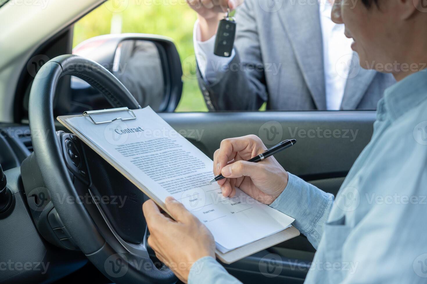 lease, rental car, sell, buy. Dealership send contract and car keys to new owner to sign. Sales, loan credit financial, rent vehicle, insurance, renting, dealer, installment, car care business. photo