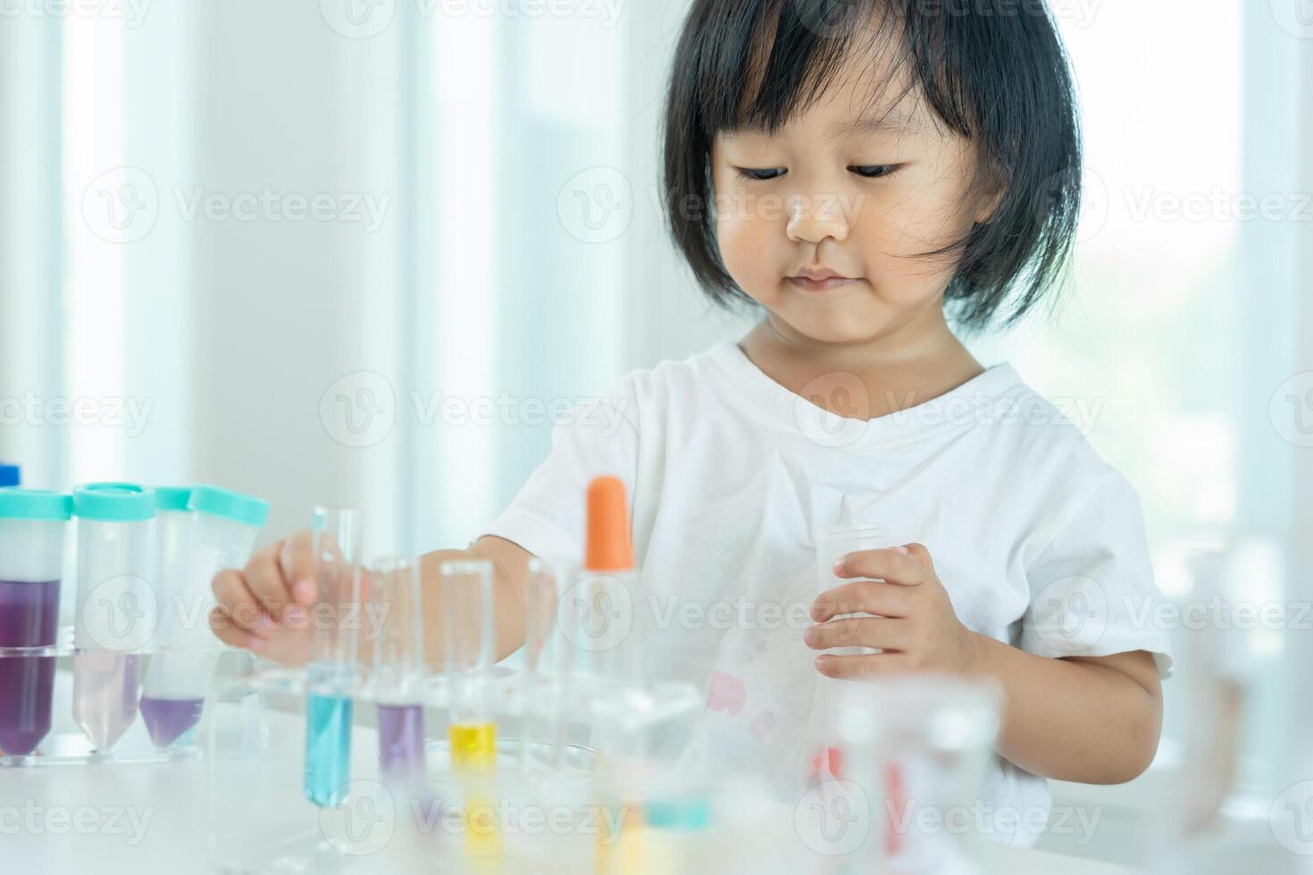 education scientific in laboratory. Medical child learning, Biotechnology, discover, imagine, executive function, kid, education, intelligence quotient photo