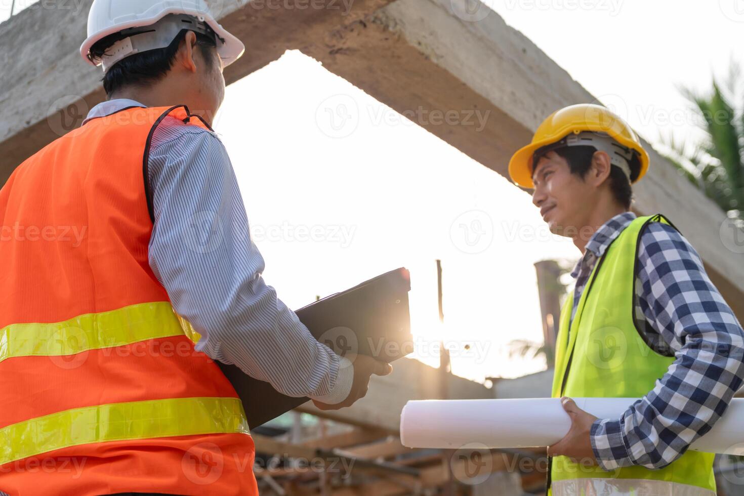 inspector engineer and owner project is inspecting construction and quality assurance new house. Engineers or architects or contactor work to build the house before handing it over the homeowner. photo