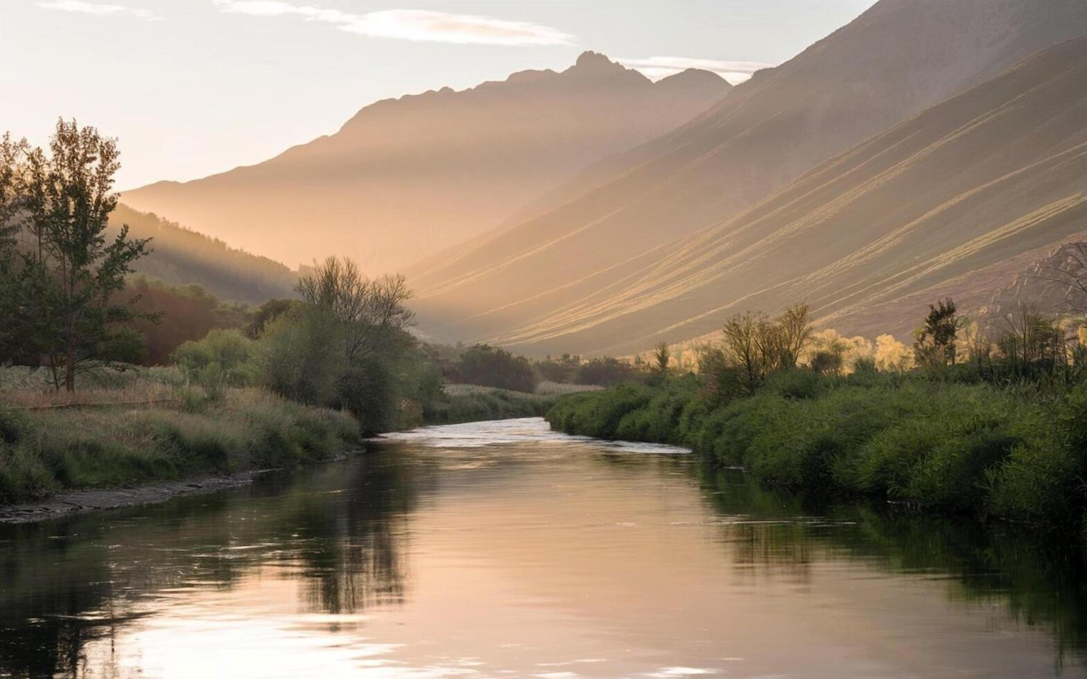 A river runs through a valley surrounded by mountains photo