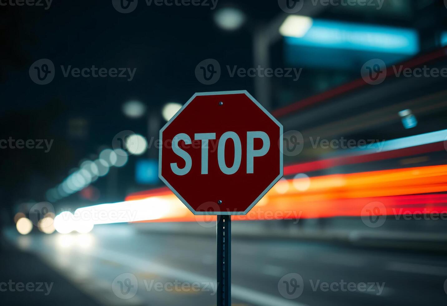 A red Stop sign in a night atmosphere, with city lights and cars on the road, blurred bokeh effect, lighting and long exposure time photo