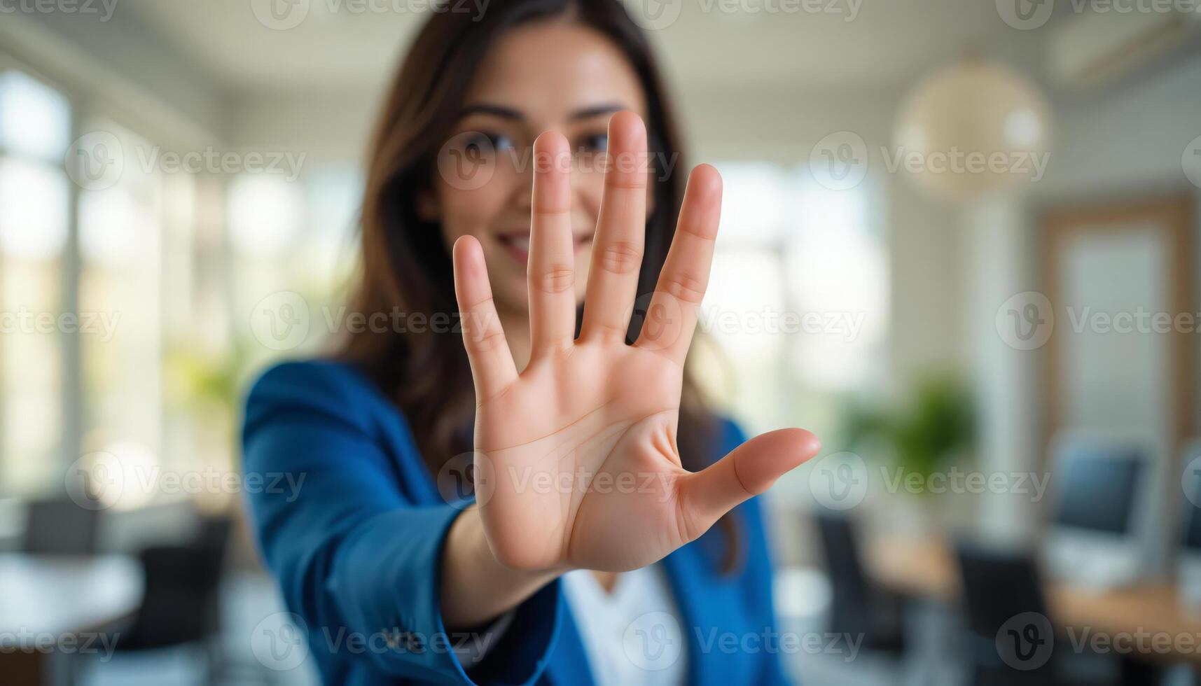 Blurred businesswoman wear blue blazer, palm close-up in a gesture of stop, half-body shot, blurred office room background, warning concept, refusal, caution photo