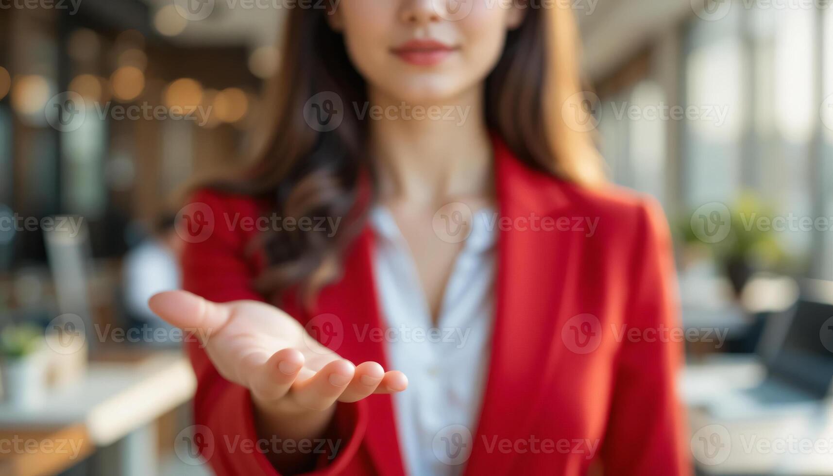 Confident businesswoman wear red blazer in open palm hand, a hand reaching out, Half-body shot, Blurred corporate workspace in the background photo