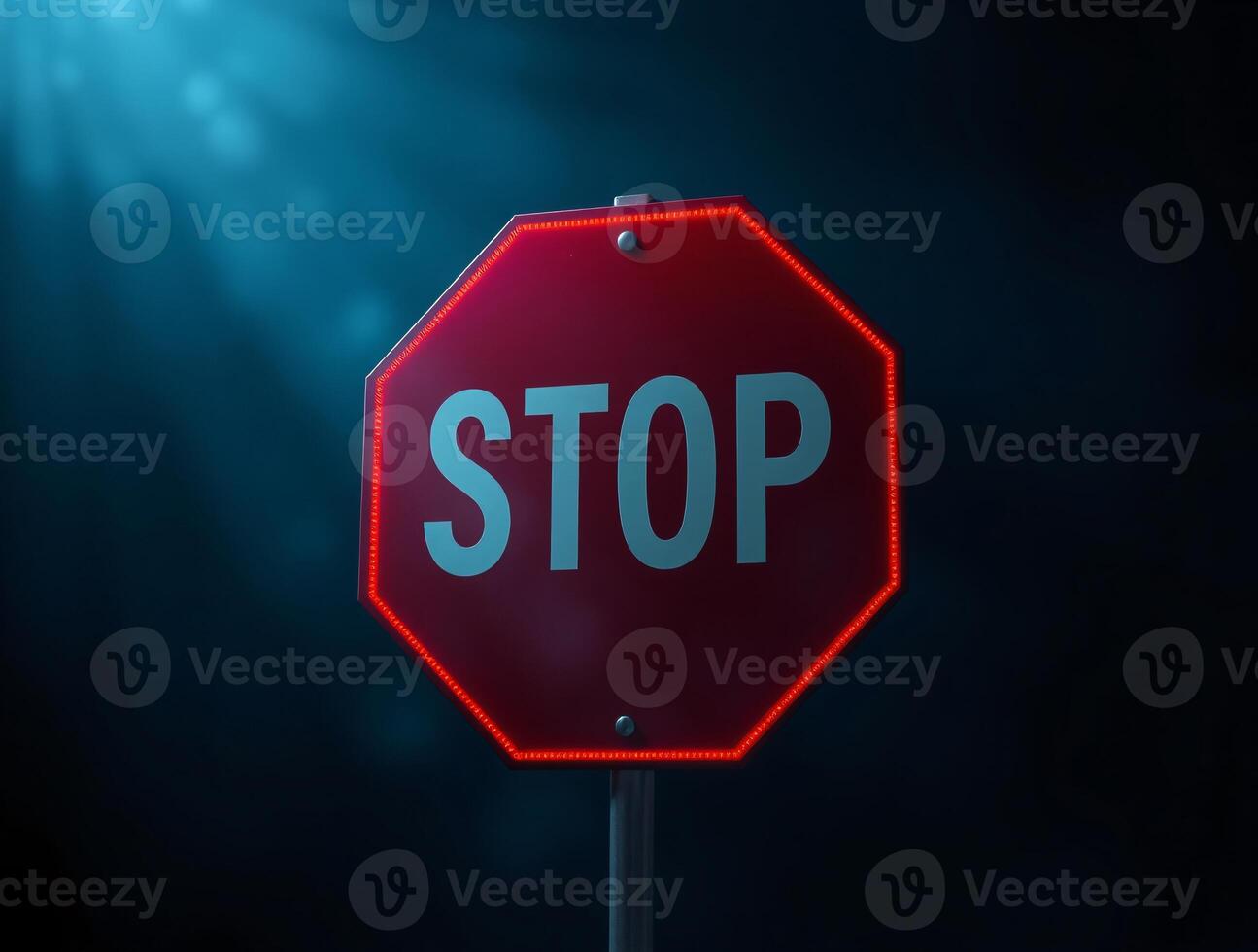 A Stop sign isolated on a dramatic lighting, There's a beam of light coming down, dark background photo