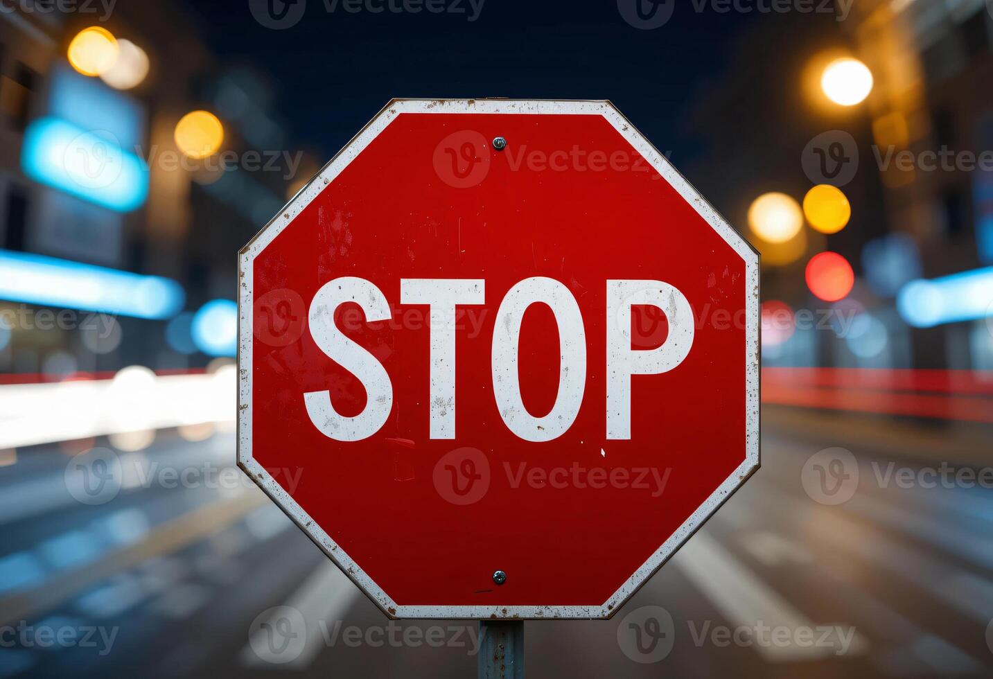 Close-up of red Stop sign in a night atmosphere, with city lights and cars on the road, blurred bokeh effect, lighting and long exposure time photo