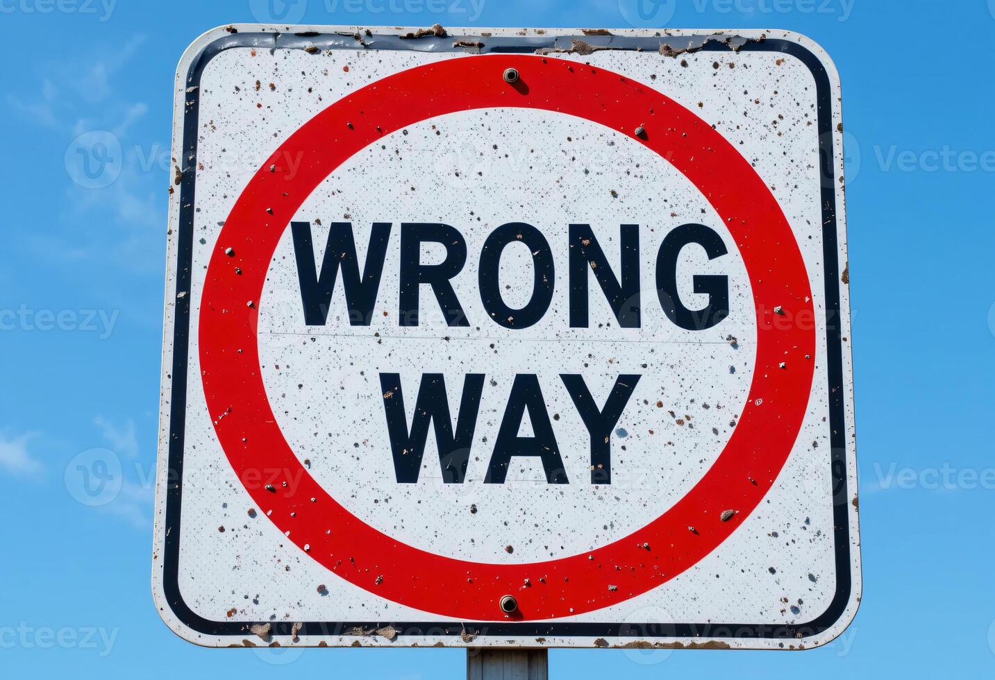 Weathered Wrong Way Sign, isolated on Clear Blue Sky, Symbolizing Error or Misdirection, Mistake and Misstep photo