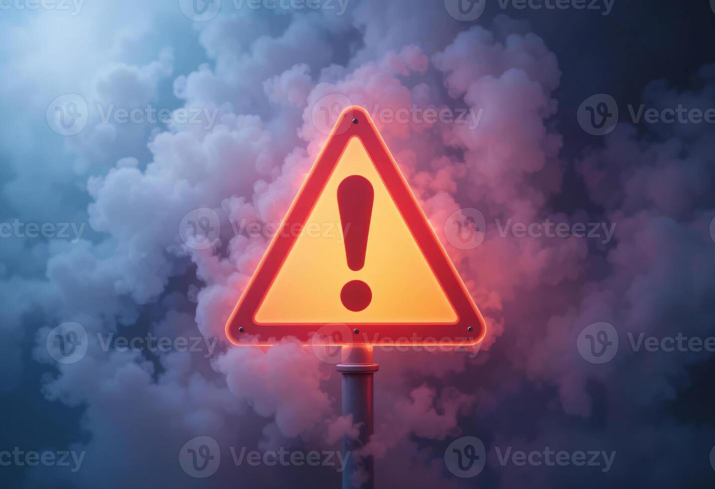 Glowing Warning Sign Amidst Smoky Background, Warning Triangle, Emergency Warning Sign photo