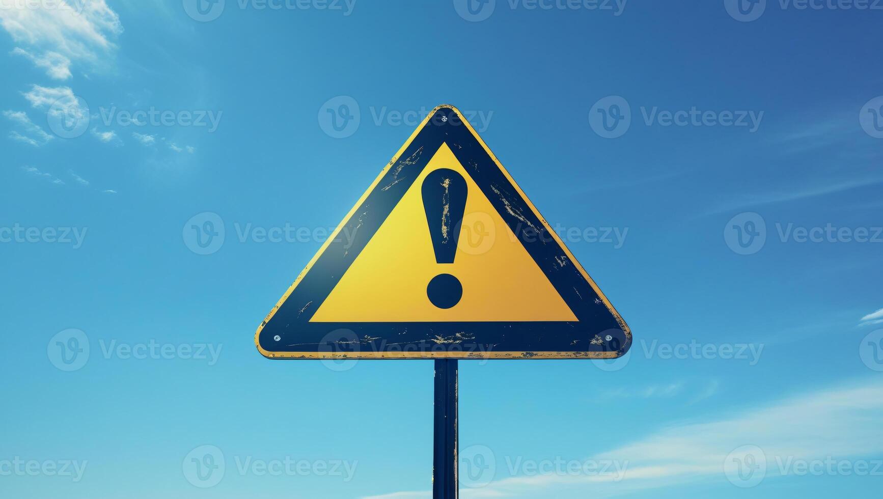 Yellow triangular warning sign with a black exclamation mark, isolated on blue sky, Emergency Warning Sign, Warning Triangle photo