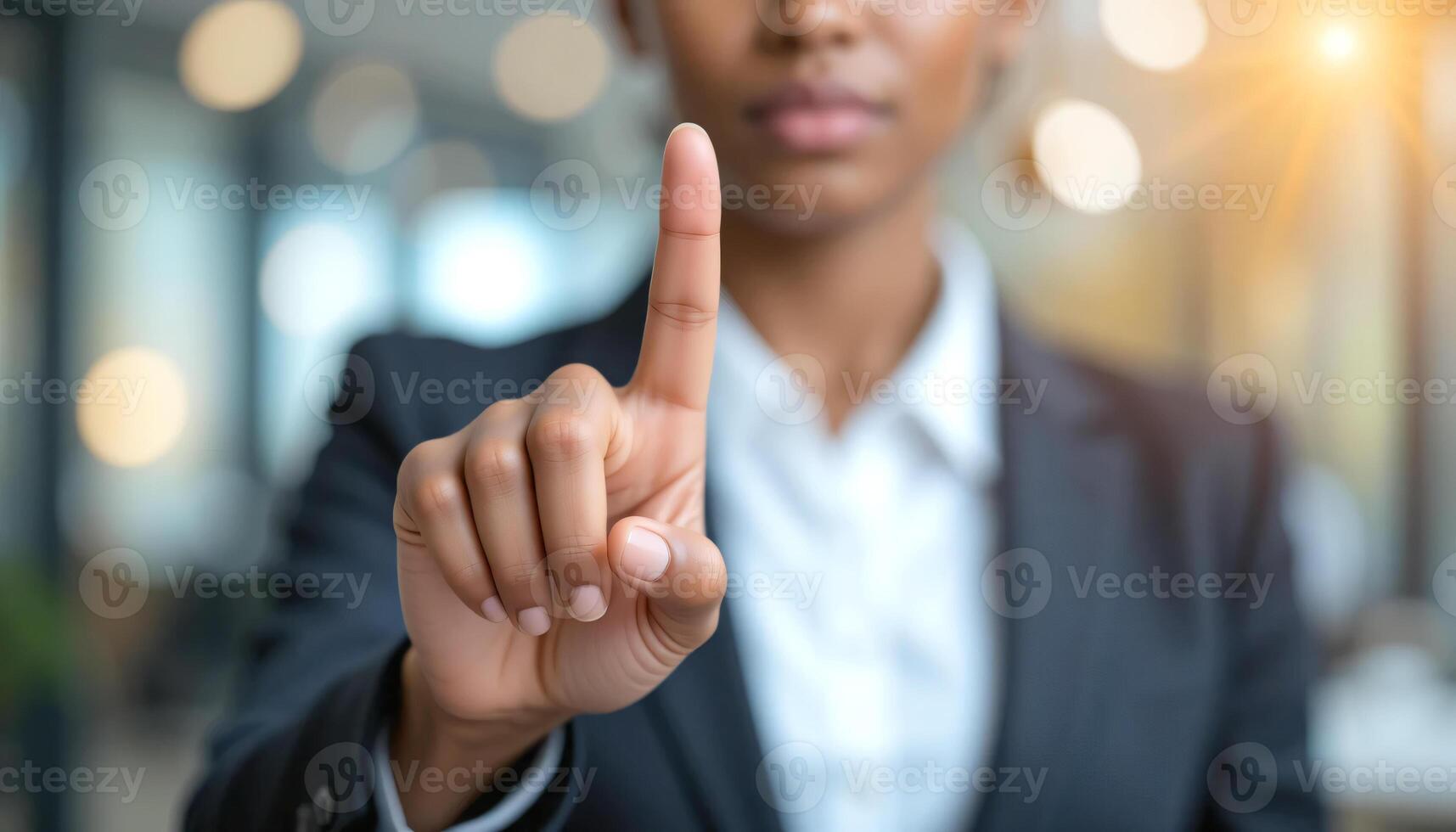 Blurred african american businesswoman wear black blazer in finger touching, Half-body shot, Focus image on hand, Bokeh, Blurred office room background photo