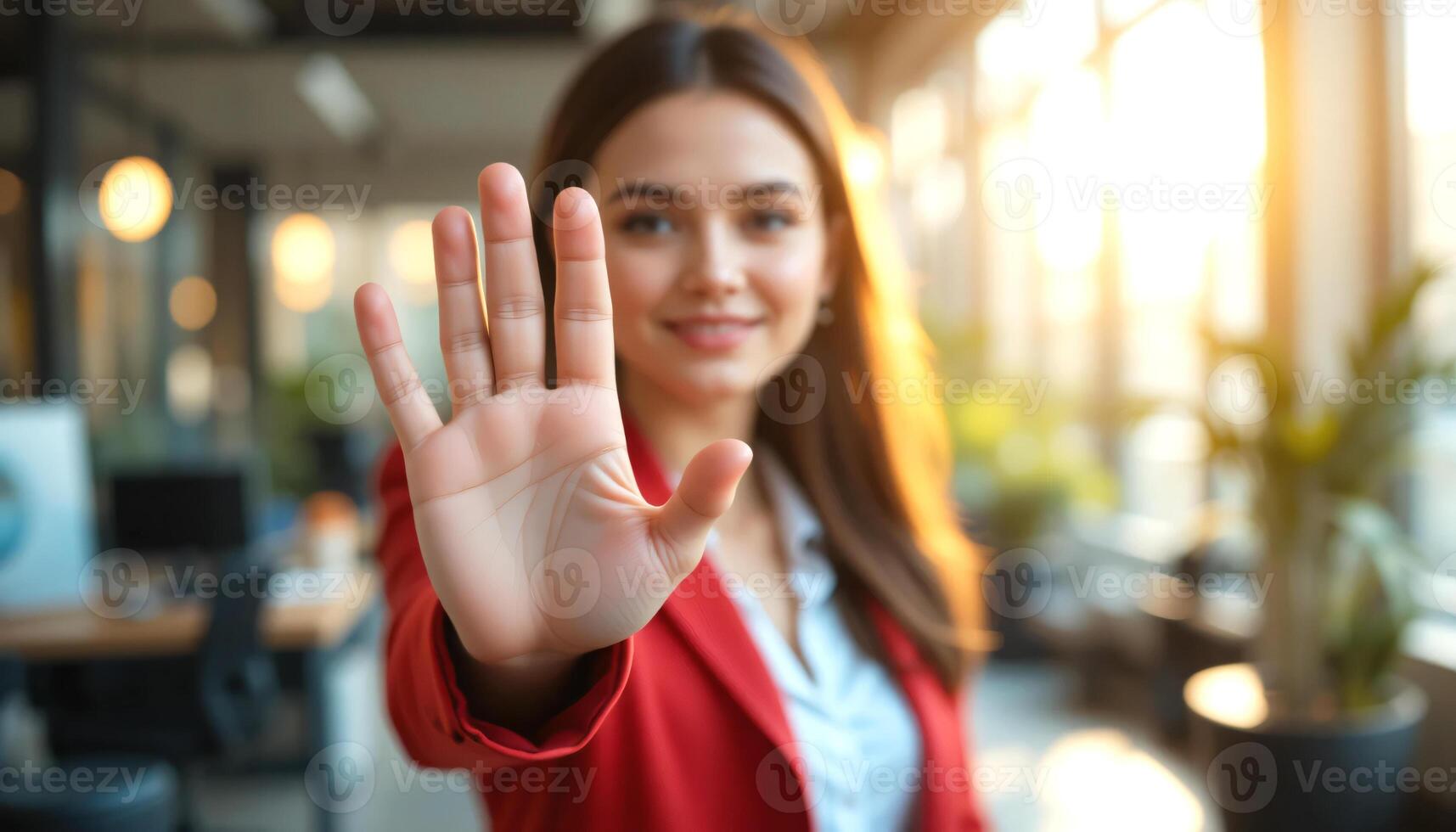 Blurred businesswoman wear red blazer, palm close-up in a gesture of stop, half-body shot, blurred office room background, warning concept, refusal, caution photo