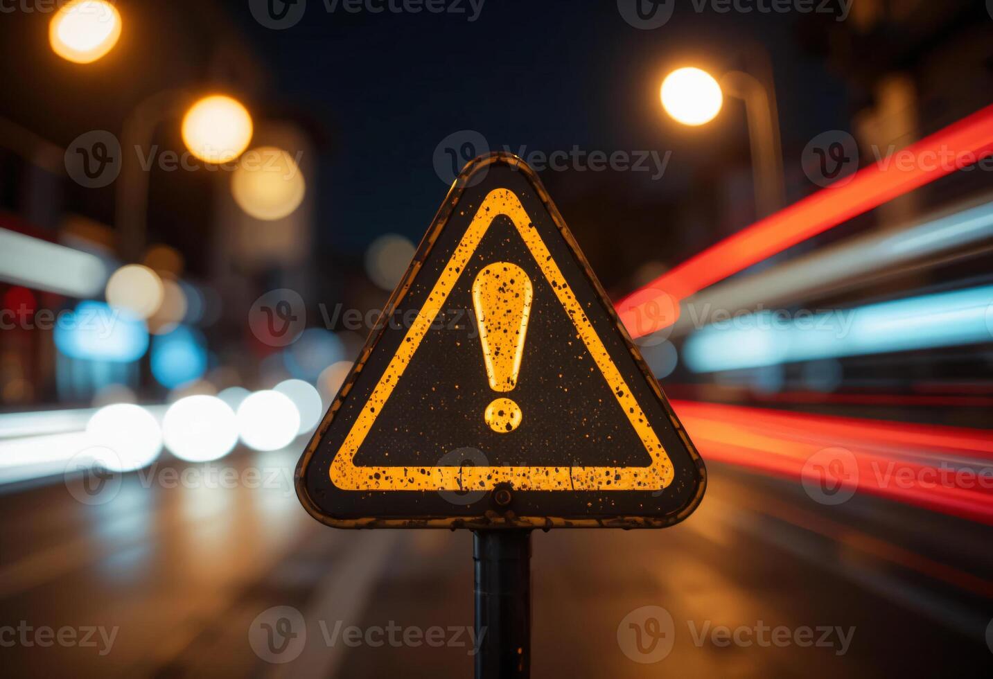 A Warning sign isolated on a blurred bokeh effect and long exposure time of city road photo