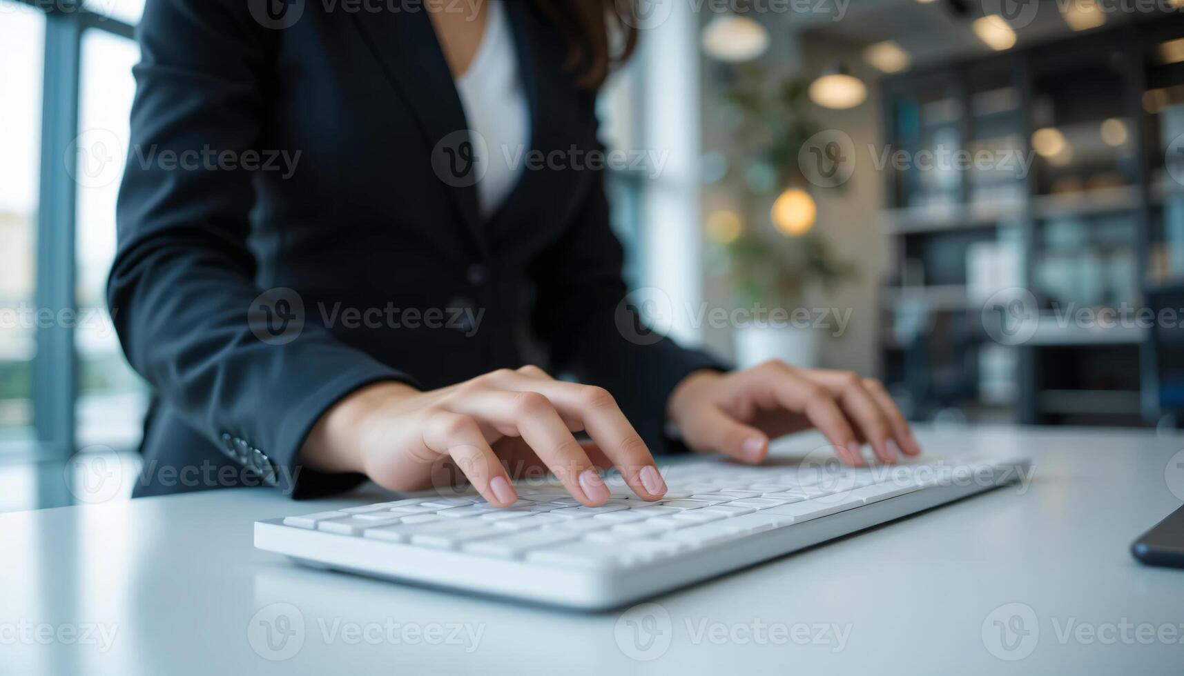 A professional woman in a tailored black suit typing on a keyboard, visible from the waist up, with a blurred modern office background, soft natural lighting photo
