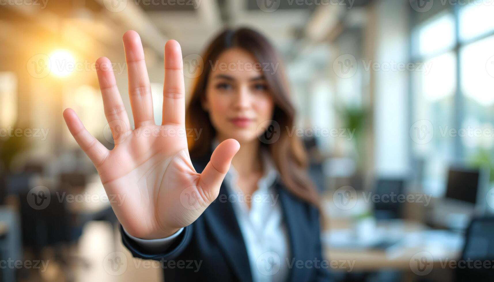 Blurred brunette businesswoman wear black blazer, palm close-up in a gesture of stop, half-body shot, blurred corporate workspace background, warning concept, refusal, caution photo