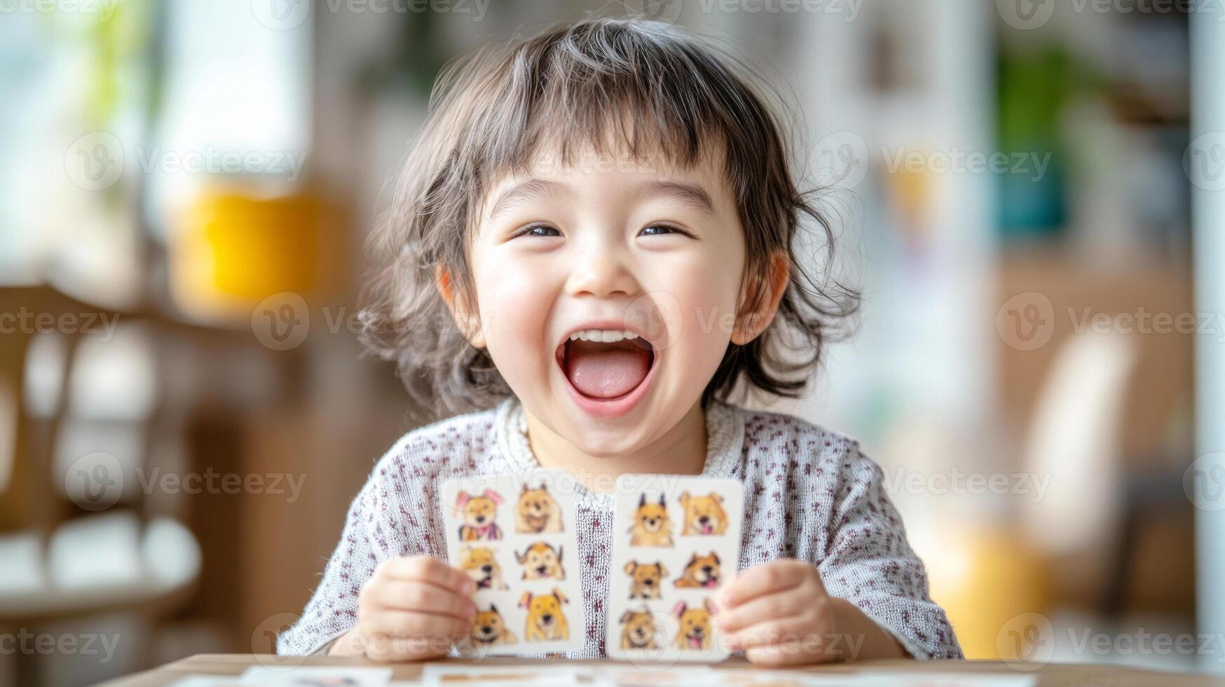 The child at the table is holding cards in his hands, next to him is a speech therapist. Educational and speech therapy classes, exercises and games. photo