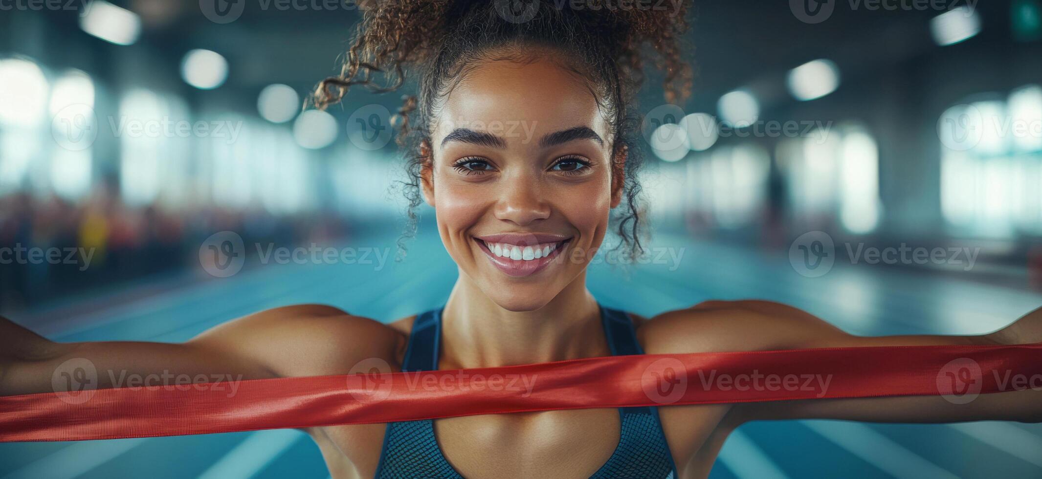 happy athlete who wins a race and overcomes the finish line, celebrating her victory photo