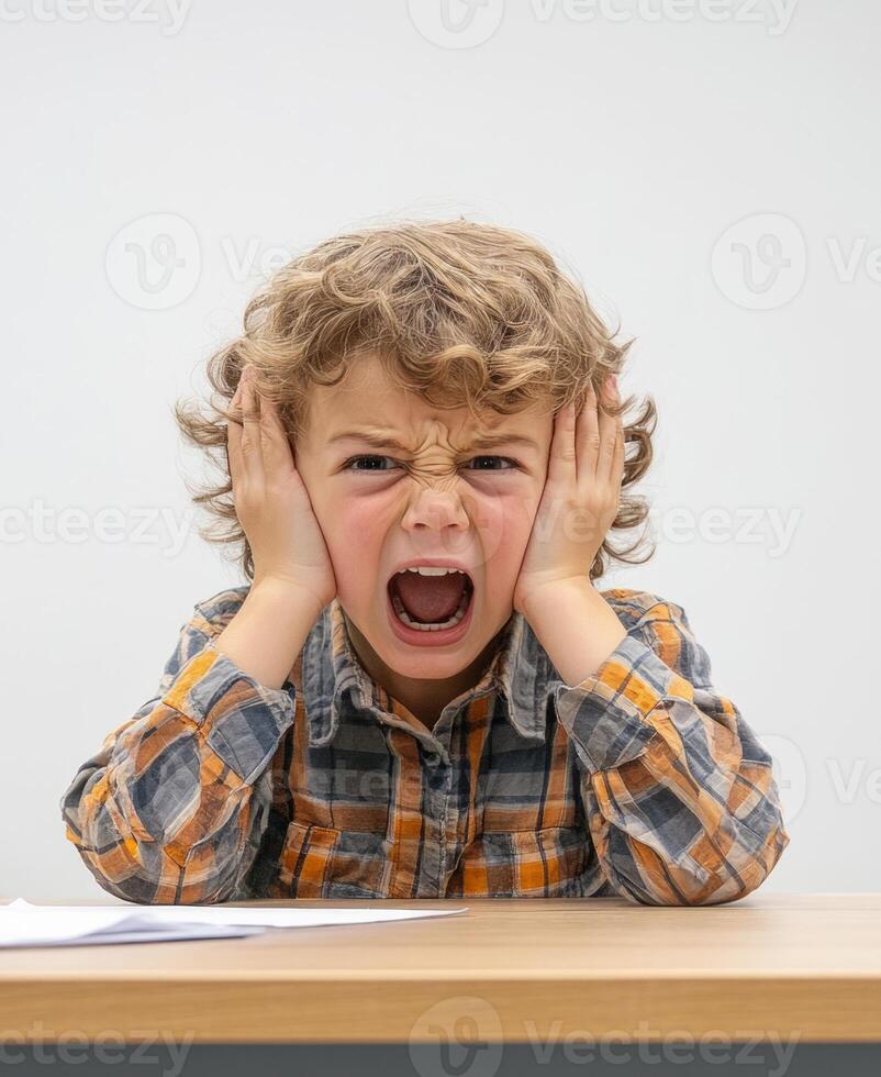 student experiencing frustration while studying, screaming and holding his head, highlighting challenges in education and learning difficulties photo