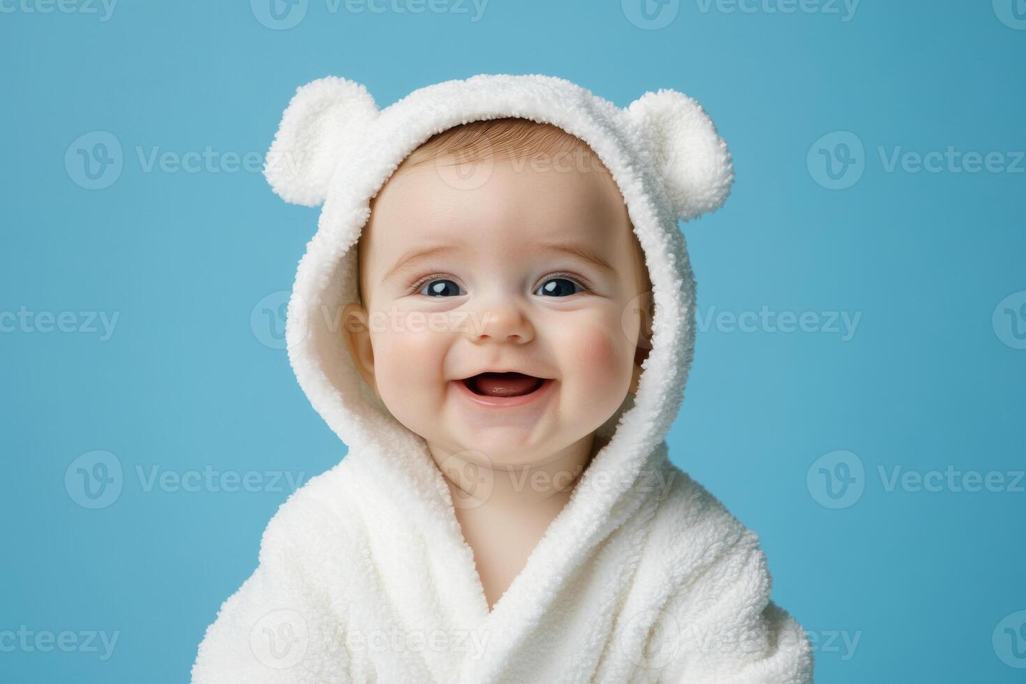 Cheerful infant wearing hooded bear-ear bathrobe, smiling radiantly with pure joy against bright blue background photo
