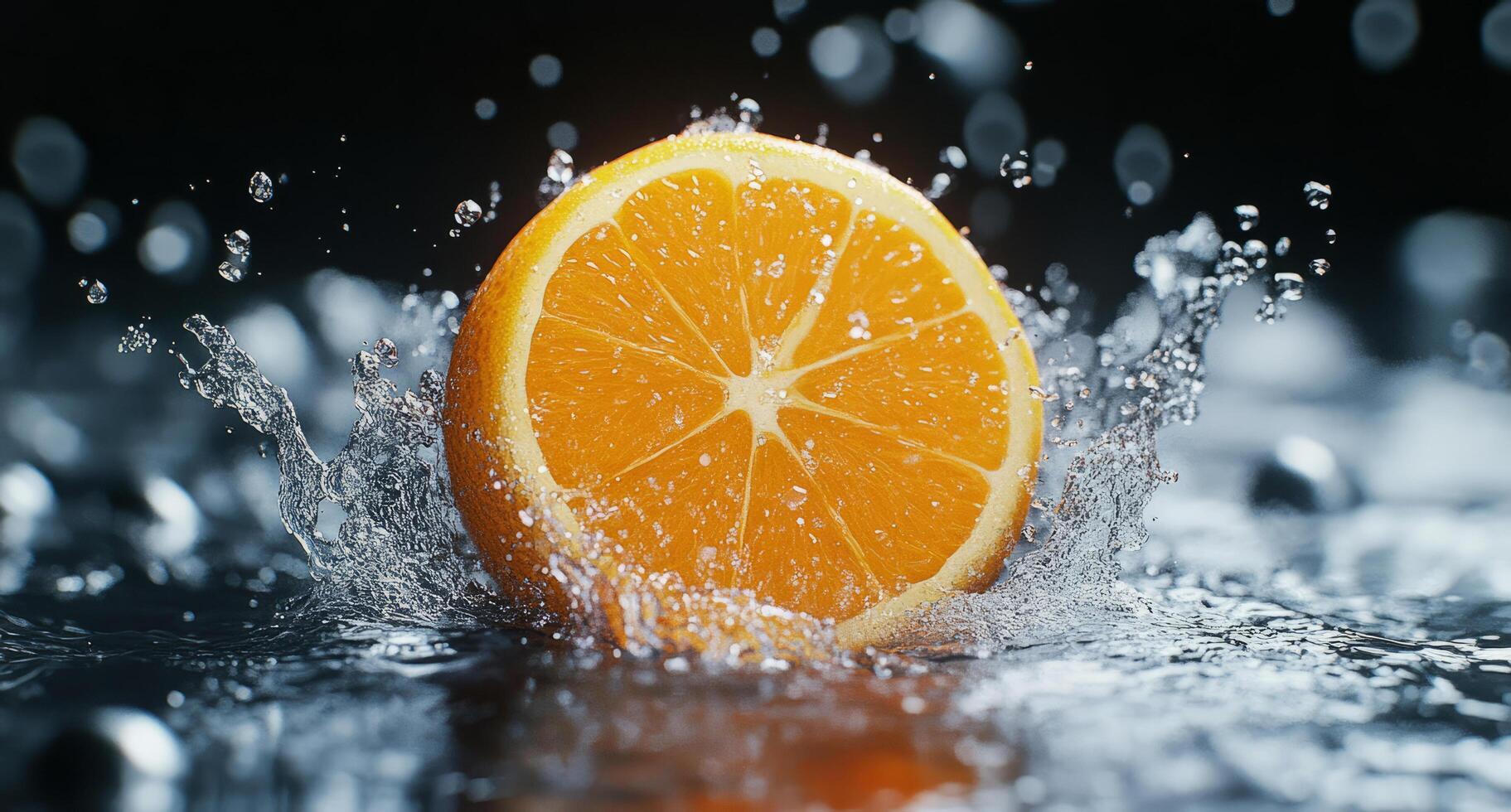 Vibrant water splash created by a ripe orange against a dark background, exuding elegance and bursting with vitamins for a healthy diet photo