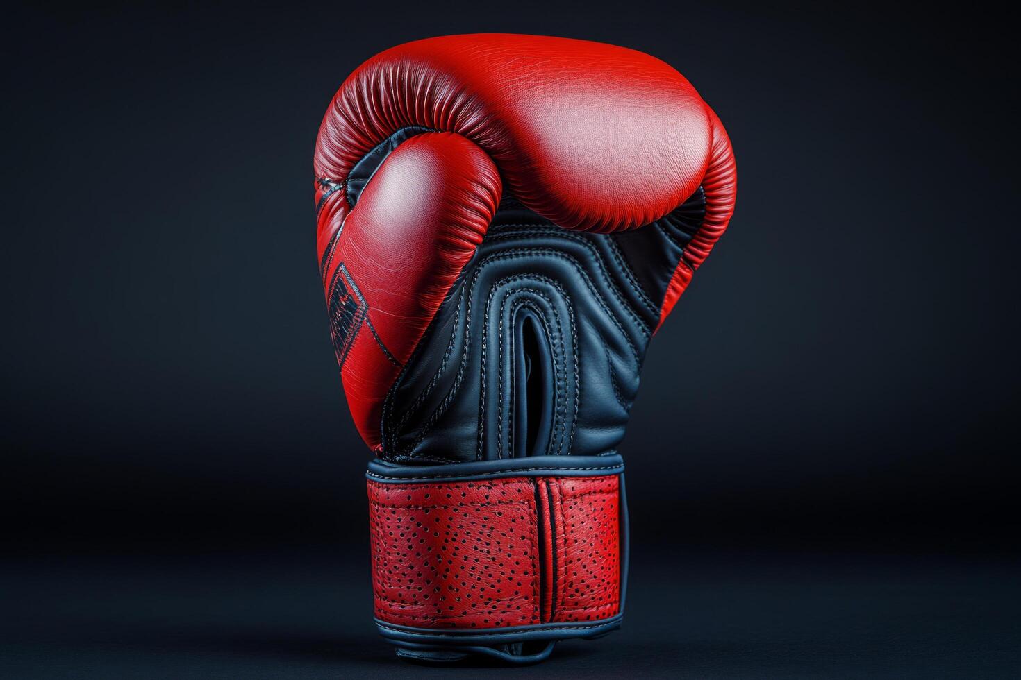 Boxing glove standing upright on a dark background, representing concepts of boxing, fighting, and sports equipment photo