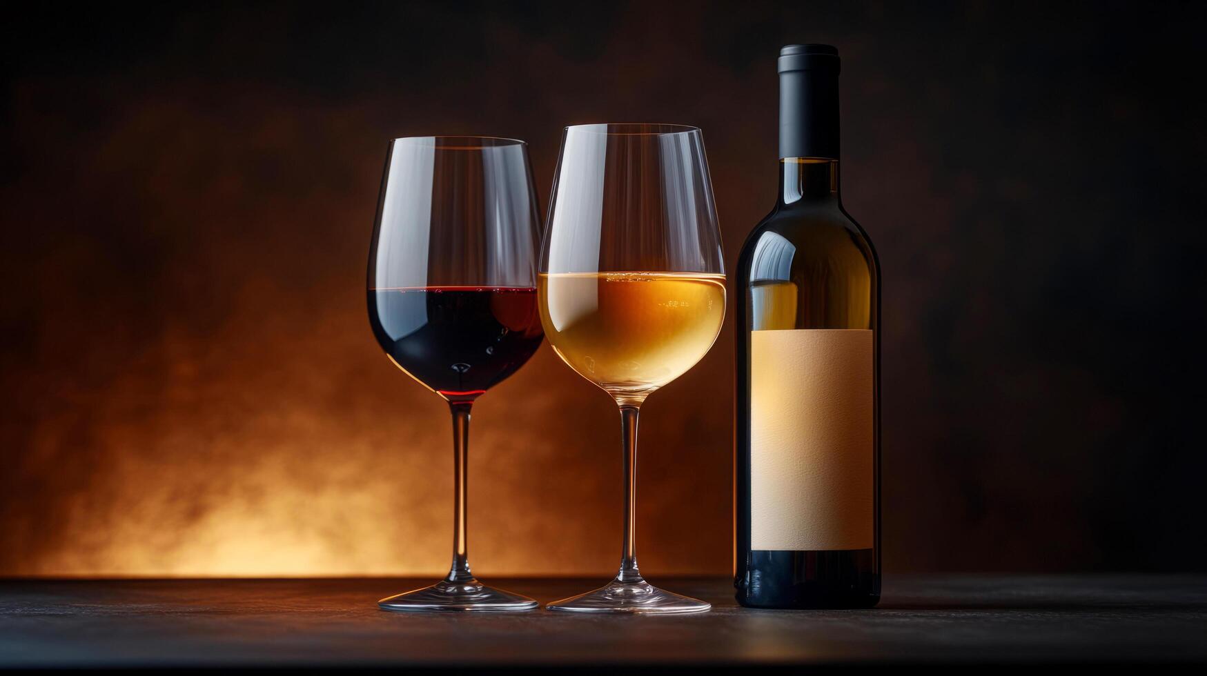 Experience an exquisite wine tasting with red and white wines set against a rich, dark backdrop. Ideal for intimate dinners or special occasions, this photo radiates elegance and grace